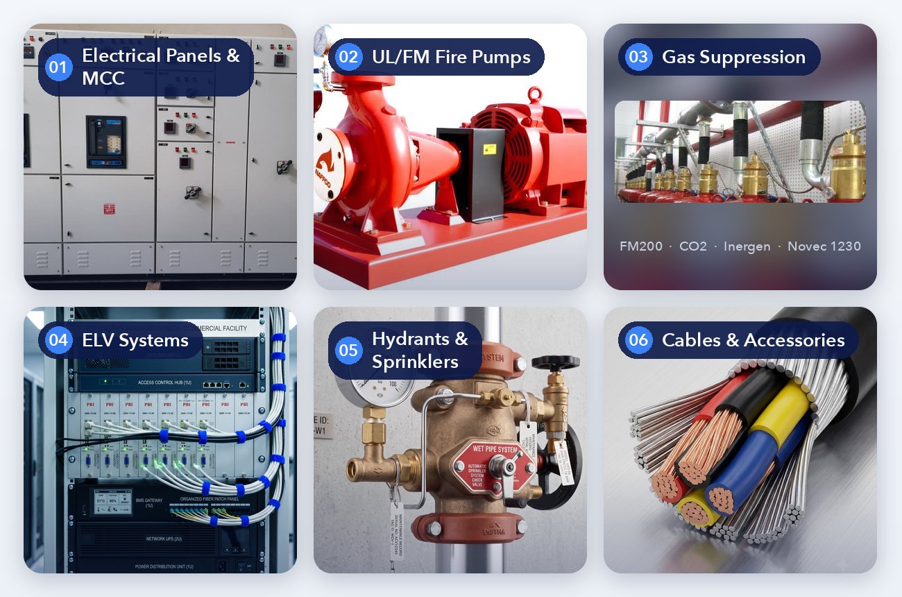 DPCL product range: electrical panels and MCC, UL/FM fire pumps, gas suppression, ELV systems, hydrants and sprinklers, cables and accessories