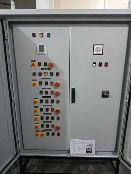 Control panel with many push buttons on a stand