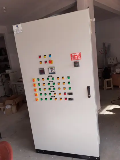 Tall control panel with push buttons and indicator lamps