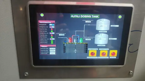 HMI screen showing an alkali dosing tank process
