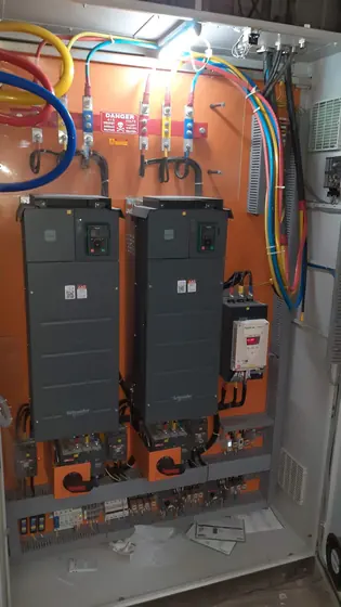 Panel interior with two large drives and copper busbars