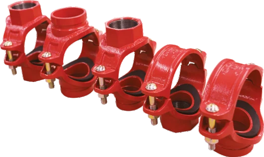 Row of grooved mechanical tees for fire protection pipe